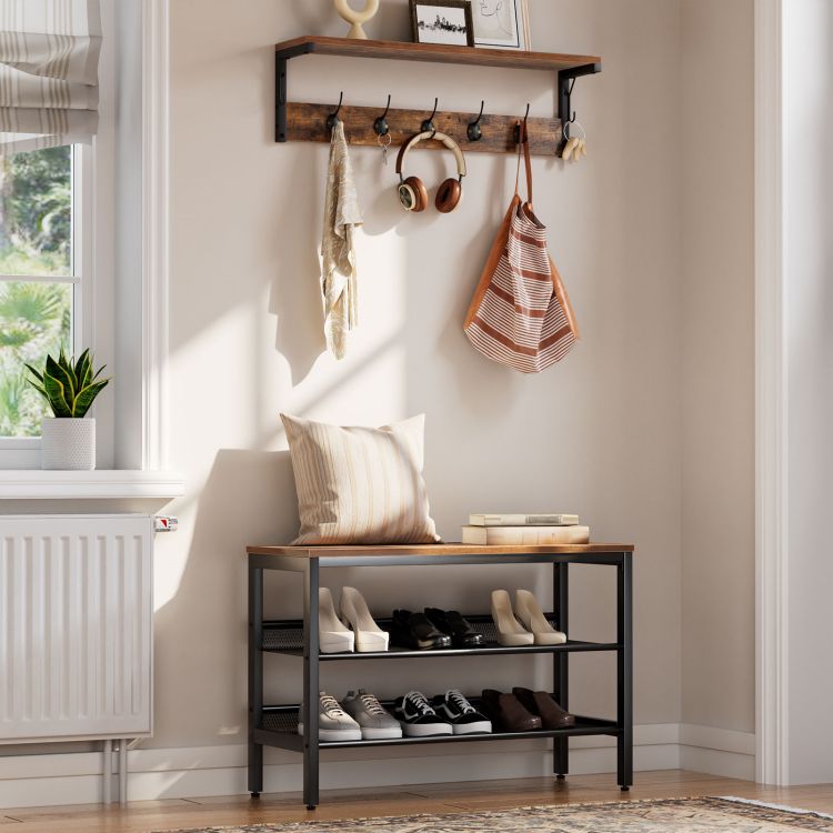 HOOBRO Coat Rack Shelf Wall-Mounted, Coat Hook with 7 Hooks and Shelf, 70 cm Hallway Coat Rack, Wall Floating Shelf with Hat Rack, for Bathroom, Kitchen, Laundry Room