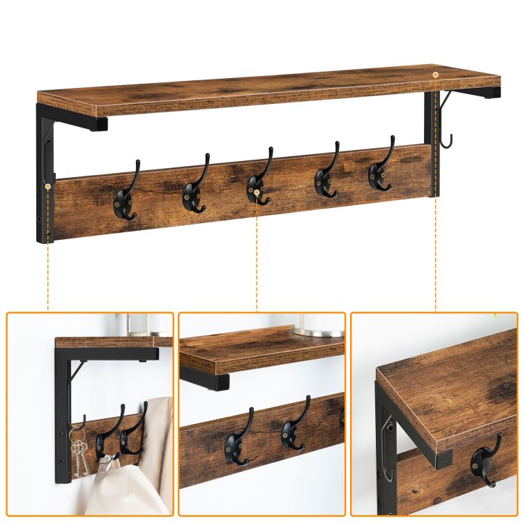 HOOBRO Coat Rack Shelf Wall-Mounted, Coat Hook with 7 Hooks and Shelf, 70 cm Hallway Coat Rack, Wall Floating Shelf with Hat Rack, for Bathroom, Kitchen, Laundry Room