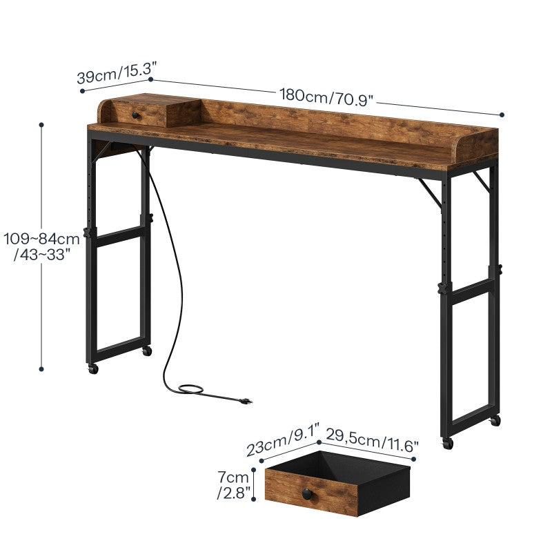 HOOBRO Overbed Table with Wheels, 180 cm Mobile Over Bed Desk with Charging Station, Height Adjustable 84-109 cm, for Bedroom, Living Room, Office