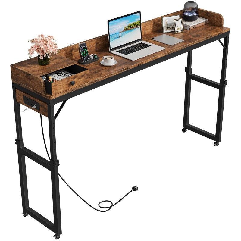 HOOBRO Overbed Table with Wheels, 180 cm Mobile Over Bed Desk with Charging Station, Height Adjustable 84-109 cm, for Bedroom, Living Room, Office