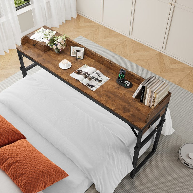 HOOBRO Overbed Table with Wheels, 180 cm Mobile Over Bed Desk with Charging Station, Height Adjustable 84-109 cm, for Bedroom, Living Room, Office