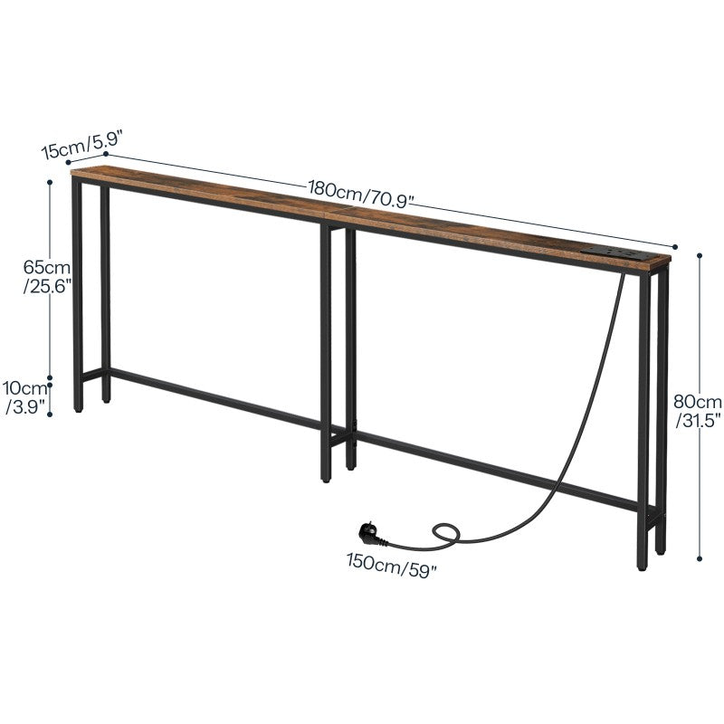 HOOBRO Slim Console Table with Charging Station, 180 cm Long Hallway Table with USB Ports, Behind Sofa Table Narrow for Hallway, Entryway, Foyer, Living Room