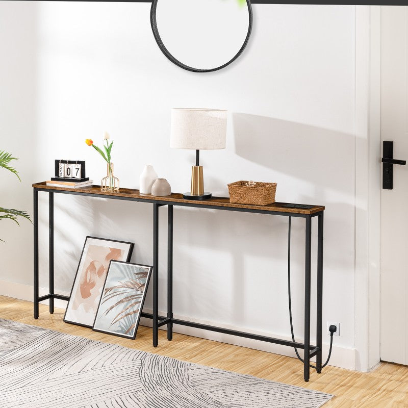 HOOBRO Slim Console Table with Charging Station, 180 cm Long Hallway Table with USB Ports, Behind Sofa Table Narrow for Hallway, Entryway, Foyer, Living Room