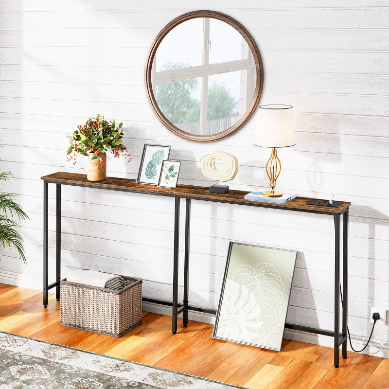 HOOBRO Slim Console Table with Charging Station, 180 cm Long Hallway Table with USB Ports, Behind Sofa Table Narrow for Hallway, Entryway, Foyer, Living Room