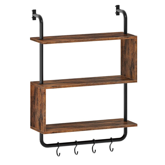 HOOBRO Floating Shelves, Wall-Mounted Kitchen S-shaped Shelf with 4 Hooks, 3-Tier Storage with Towel Bar, Wooded Display Shelf, for Kitchen, Bathroom, Home Office
