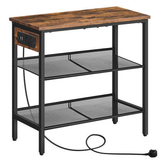 HOOBRO Narrow Bedside Table with Charging Station, 3-Tier Slim Side Table with Adjustable Shelves, Nightstand End Table with 2 Flat or Slant for Small Spaces