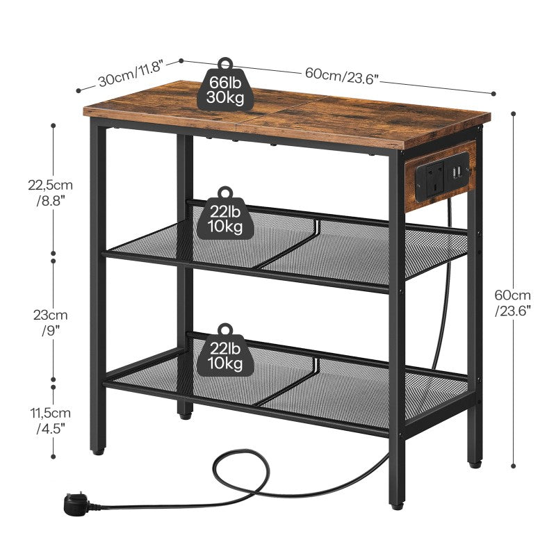 HOOBRO Narrow Bedside Table with Charging Station, 3-Tier Slim Side Table with Adjustable Shelves, Nightstand End Table with 2 Flat or Slant for Small Spaces