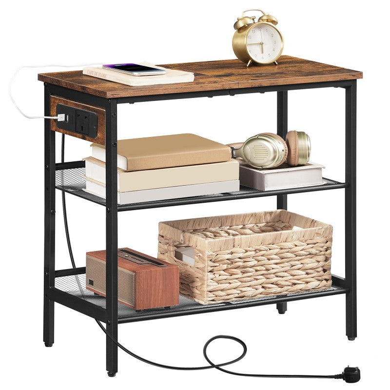 HOOBRO Narrow Bedside Table with Charging Station, 3-Tier Slim Side Table with Adjustable Shelves, Nightstand End Table with 2 Flat or Slant for Small Spaces