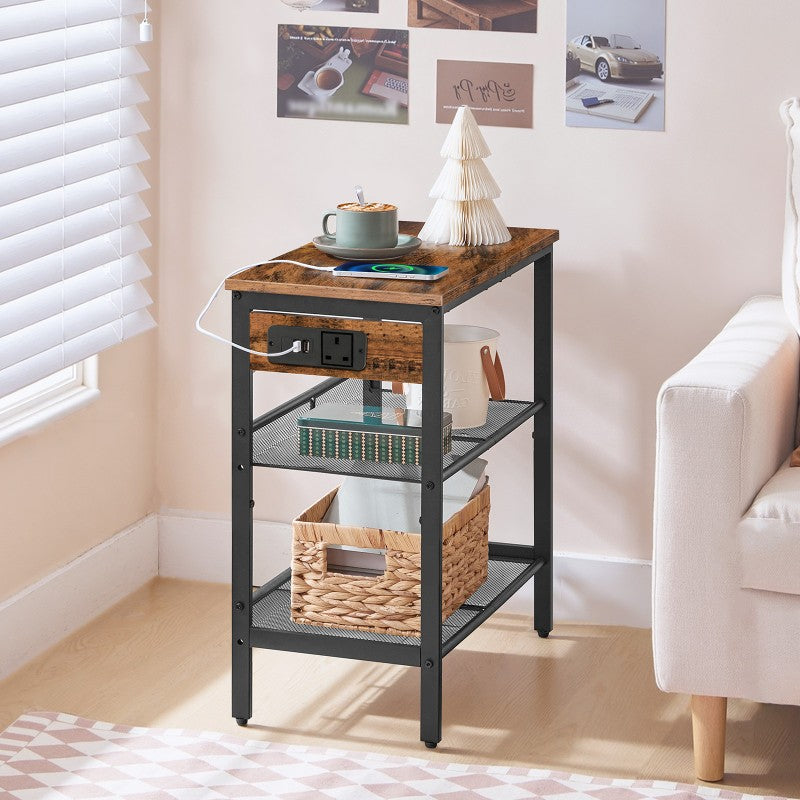 HOOBRO Narrow Bedside Table with Charging Station, 3-Tier Slim Side Table with Adjustable Shelves, Nightstand End Table with 2 Flat or Slant for Small Spaces