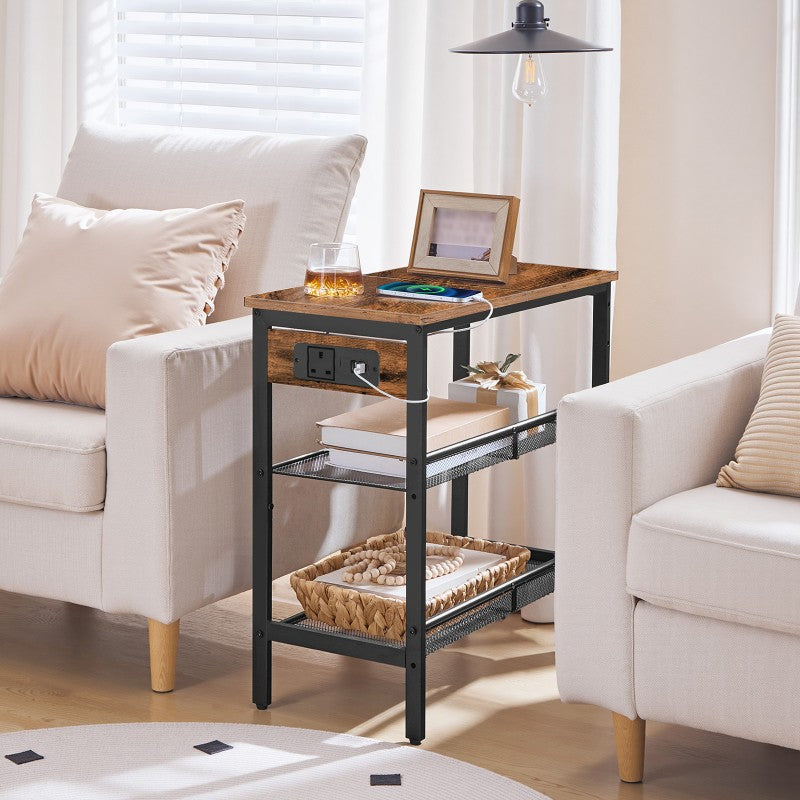 HOOBRO Narrow Bedside Table with Charging Station, 3-Tier Slim Side Table with Adjustable Shelves, Nightstand End Table with 2 Flat or Slant for Small Spaces