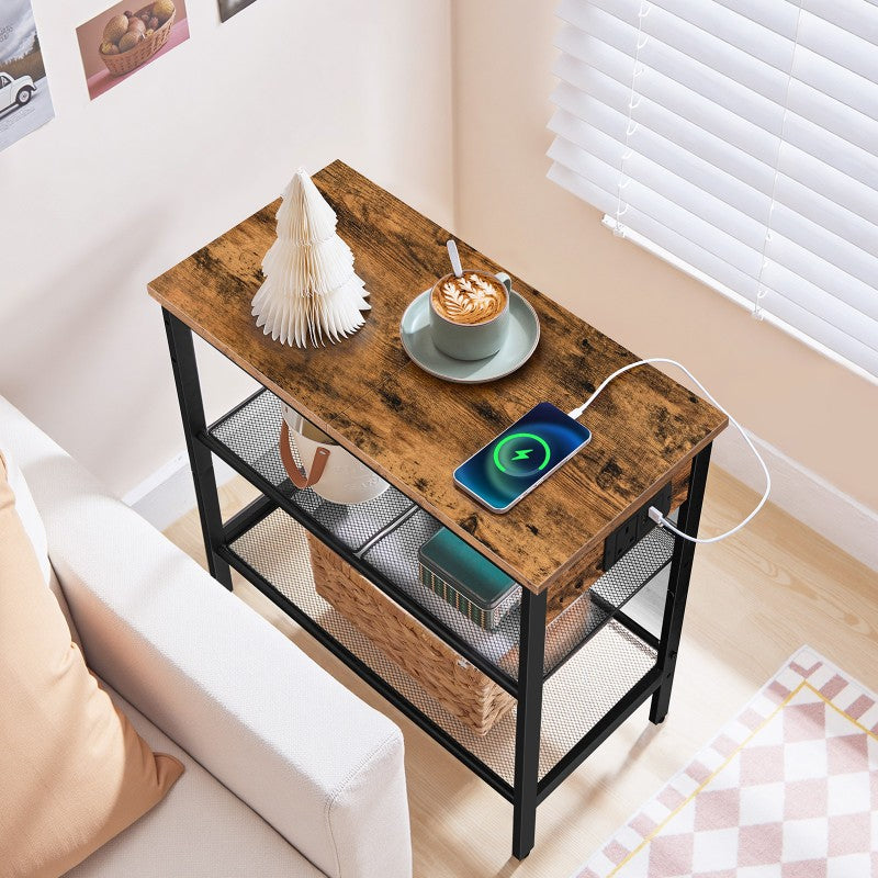 HOOBRO Narrow Bedside Table with Charging Station, 3-Tier Slim Side Table with Adjustable Shelves, Nightstand End Table with 2 Flat or Slant for Small Spaces