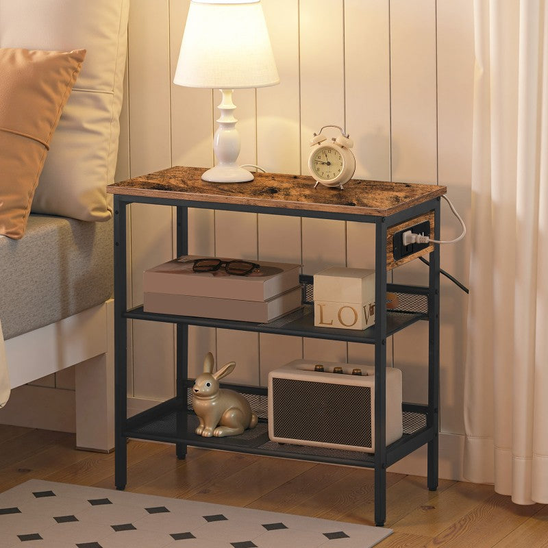 HOOBRO Narrow Bedside Table with Charging Station, 3-Tier Slim Side Table with Adjustable Shelves, Nightstand End Table with 2 Flat or Slant for Small Spaces