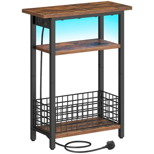 HOOBRO Slim Side Table with Charging Station and LED Light, Small Side Table with Storage, Nightstand with USB Port, Narrow Bedside Table for Small Spaces, Living Room