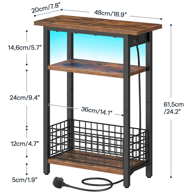 HOOBRO Slim Side Table with Charging Station and LED Light, Small Side Table with Storage, Nightstand with USB Port, Narrow Bedside Table for Small Spaces, Living Room