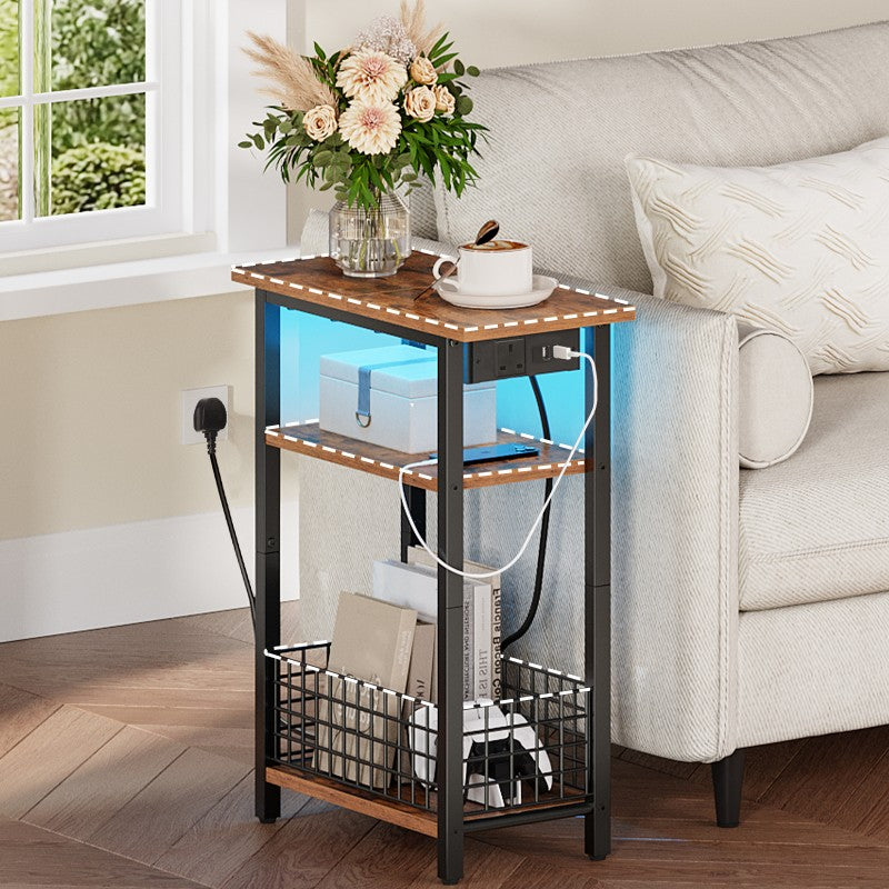 HOOBRO Slim Side Table with Charging Station and LED Light, Small Side Table with Storage, Nightstand with USB Port, Narrow Bedside Table for Small Spaces, Living Room