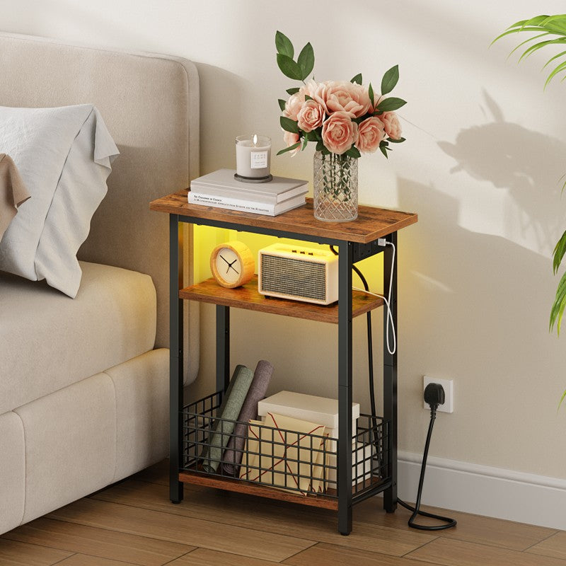 HOOBRO Slim Side Table with Charging Station and LED Light, Small Side Table with Storage, Nightstand with USB Port, Narrow Bedside Table for Small Spaces, Living Room