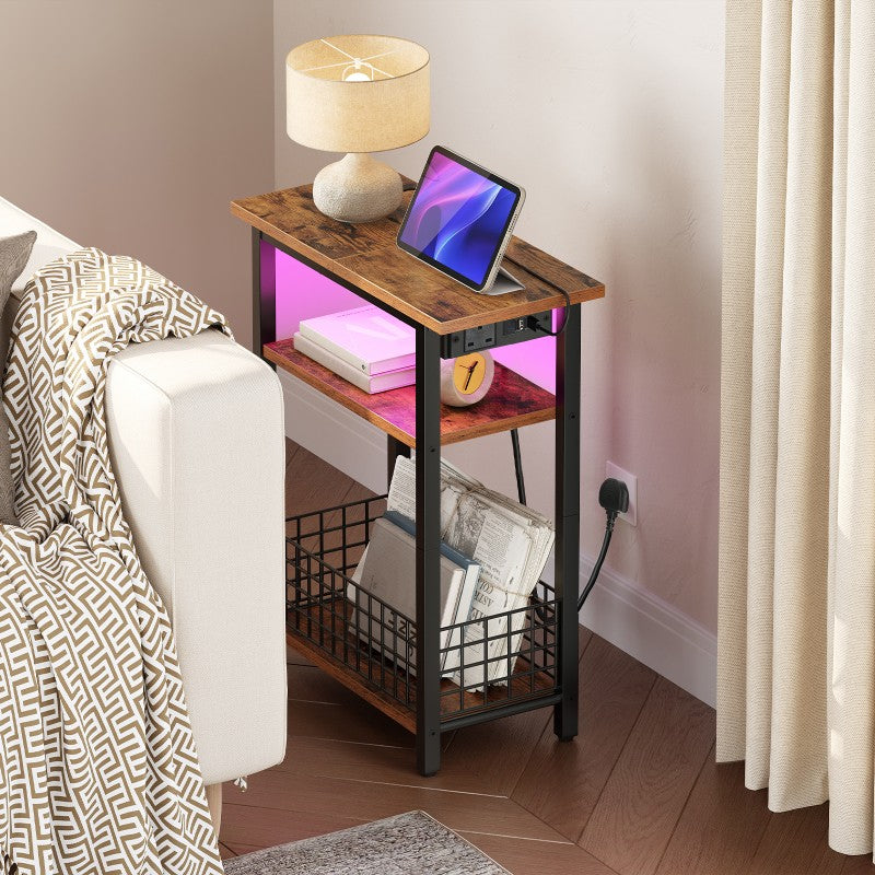 HOOBRO Slim Side Table with Charging Station and LED Light, Small Side Table with Storage, Nightstand with USB Port, Narrow Bedside Table for Small Spaces, Living Room