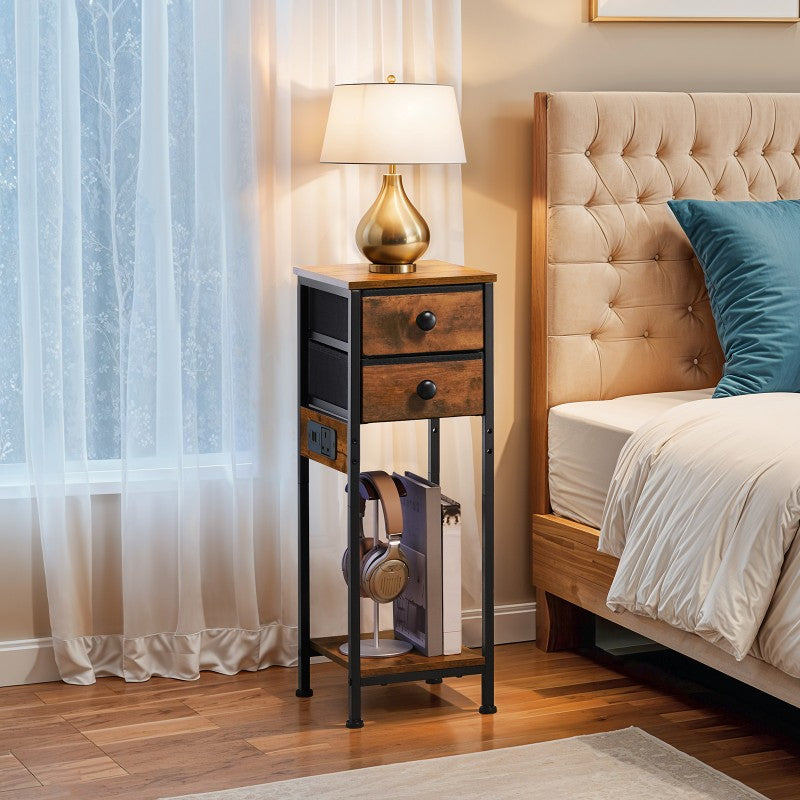 HOOBRO HOOBRO Slim Bedside Tables 2, Tall End Side Table Charging Station 2 Drawers Space, storage for bedroom - top view