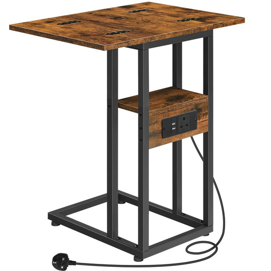 HOOBRO Foldable Side Table, Bedside Table with Charging Station, C Shaped Side Table, Slim Sofa Table Snack Tables with Storage Shelf, Small Table Laptop Table for Small Space