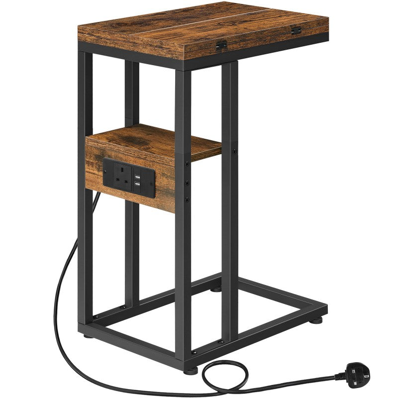HOOBRO Foldable Side Table, Bedside Table with Charging Station, C Shaped Side Table, Slim Sofa Table Snack Tables with Storage Shelf, Small Table Laptop Table for Small Space