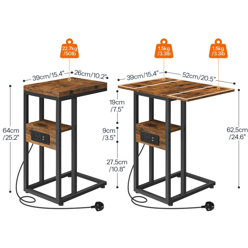 HOOBRO Foldable Side Table, Bedside Table with Charging Station, C Shaped Side Table, Slim Sofa Table Snack Tables with Storage Shelf, Small Table Laptop Table for Small Space
