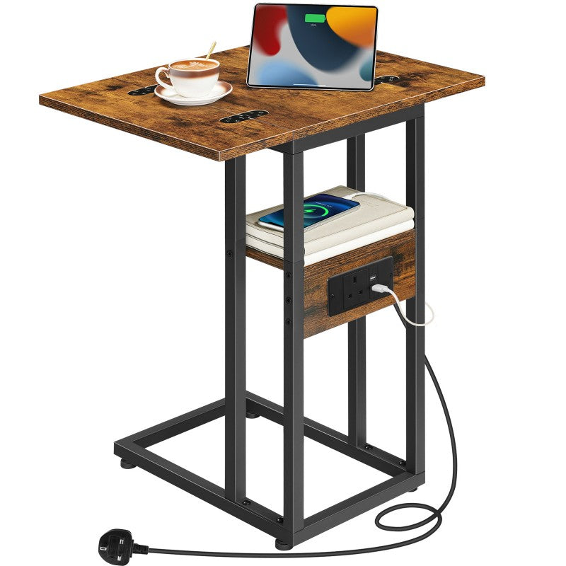 HOOBRO Foldable Side Table, Bedside Table with Charging Station, C Shaped Side Table, Slim Sofa Table Snack Tables with Storage Shelf, Small Table Laptop Table for Small Space