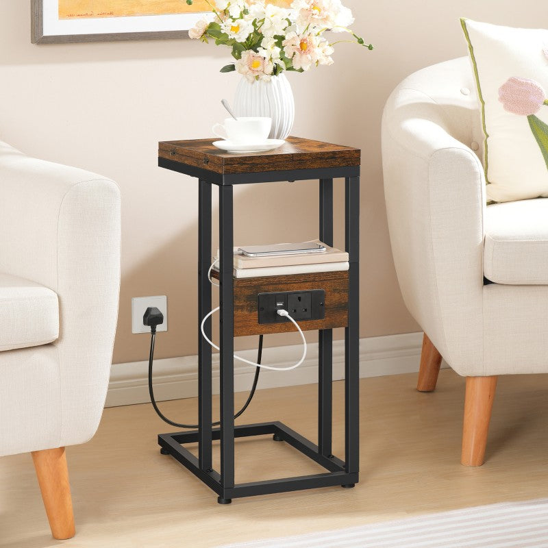 HOOBRO Foldable Side Table, Bedside Table with Charging Station, C Shaped Side Table, Slim Sofa Table Snack Tables with Storage Shelf, Small Table Laptop Table for Small Space