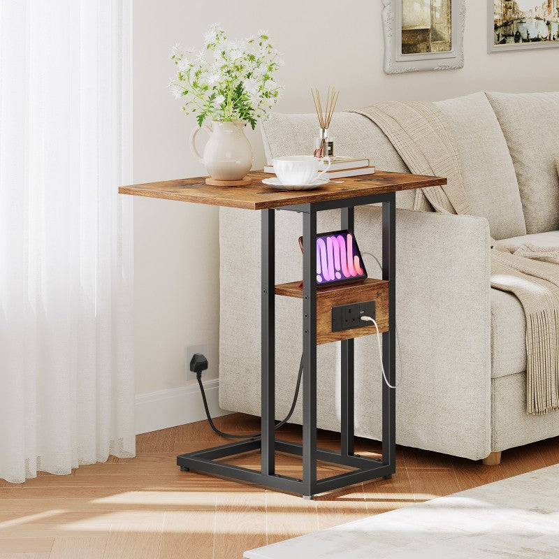 HOOBRO Foldable Side Table, Bedside Table with Charging Station, C Shaped Side Table, Slim Sofa Table Snack Tables with Storage Shelf, Small Table Laptop Table for Small Space