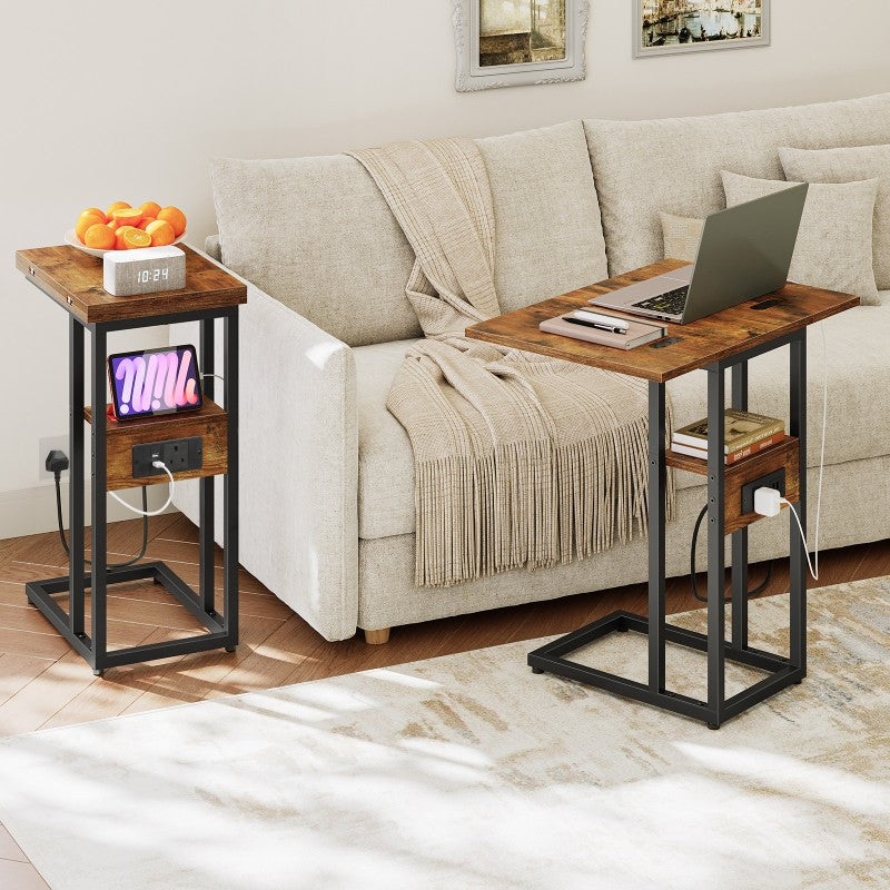 HOOBRO Foldable Side Table, Bedside Table with Charging Station, C Shaped Side Table, Slim Sofa Table Snack Tables with Storage Shelf, Small Table Laptop Table for Small Space