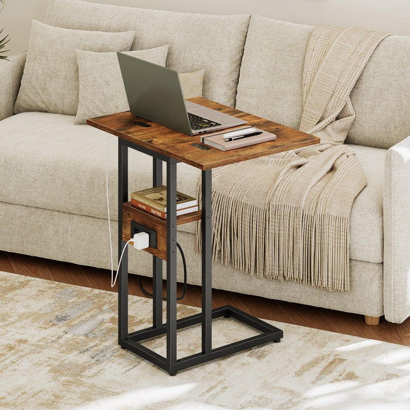 HOOBRO Foldable Side Table, Bedside Table with Charging Station, C Shaped Side Table, Slim Sofa Table Snack Tables with Storage Shelf, Small Table Laptop Table for Small Space