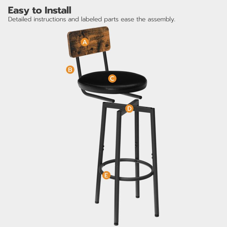 HOOBRO Bar Stools with Backrest, Set of 2 Bar Chairs, Counter Stools with PU Upholstery, Breakfast Stools with Footrest, for Kitchen, Living Room, Bar