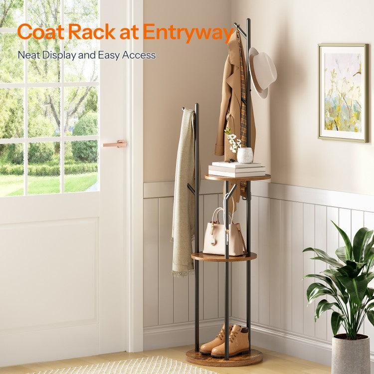 HOOBRO Coat Rack, Coat Stand for Hallway, Freestanding Coat Rack Stand with 6 Hooks and 3 Storage Shelves, Hall Tree for Bedroom, Office, Industrial
