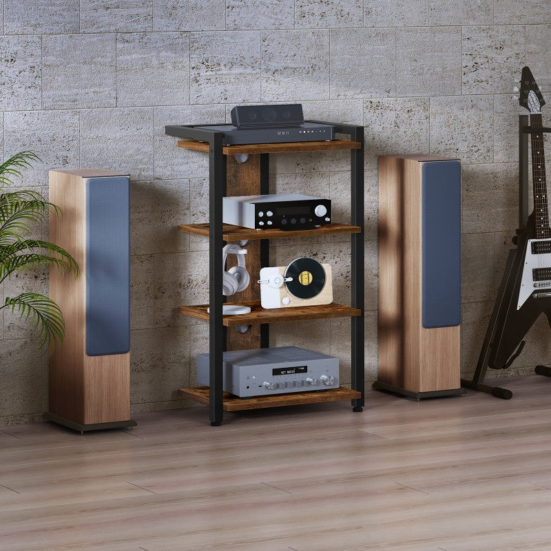 HOOBRO 4-Tier Vinyl Record Player Stand, AV Media Stand with Cable Management Holes for Turntables, Wooden Turntable Table, for Game Consoles, Projectors