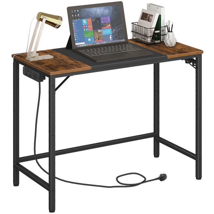 HOOBRO Computer Desk, Office Desk with Power Outlet, Computer Desk with 4 Hooks, Modern Study Writing Desk for Study Room, Home Office, Industrial Design, Rustic Brown and Black EBF40KDN01
