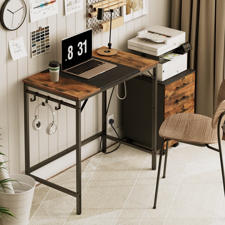 HOOBRO Computer Desk, Office Desk with Power Outlet, Computer Desk with 4 Hooks, Modern Study Writing Desk for Study Room, Home Office, Industrial Design, Rustic Brown and Black EBF40KDN01