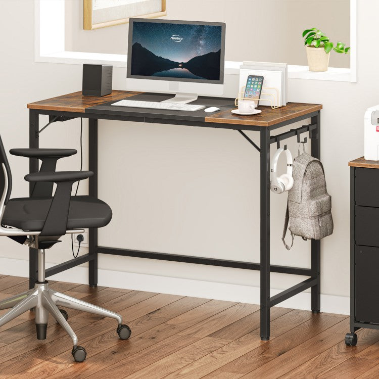 HOOBRO Computer Desk, Office Desk with Power Outlet, Computer Desk with 4 Hooks, Modern Study Writing Desk for Study Room, Home Office, Industrial Design, Rustic Brown and Black EBF40KDN01