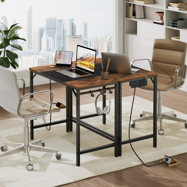 HOOBRO Computer Desk, Office Desk with Power Outlet, Computer Desk with 4 Hooks, Modern Study Writing Desk for Study Room, Home Office, Industrial Design, Rustic Brown and Black EBF40KDN01