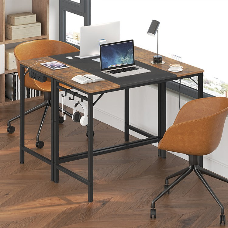 HOOBRO Computer Desk, Office Desk with Power Outlet, Computer Desk with 4 Hooks, Modern Study Writing Desk for Study Room, Home Office, Industrial Design, Rustic Brown and Black EBF40KDN01