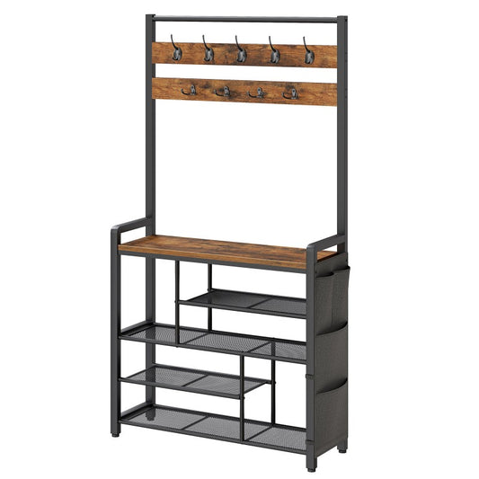 HOOBRO Hall Tree with Bench, Shoe Rack with Coat Rack, Coat Rack with Shoe Storage, 5 Tier Shoe Storage Organizer with Oxford Fabric Side Pockets, Coat and Shoe Rack Entryway