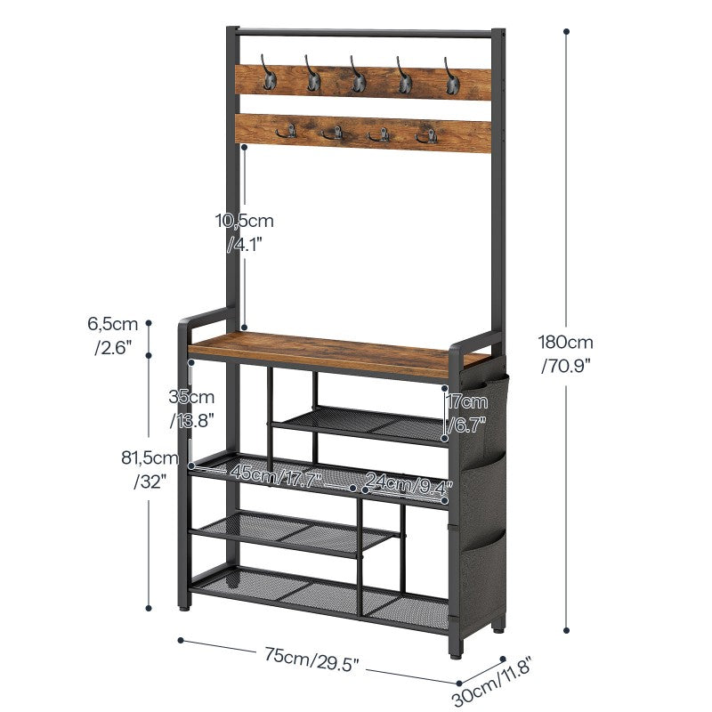 HOOBRO Hall Tree with Bench, Shoe Rack with Coat Rack, Coat Rack with Shoe Storage, 5 Tier Shoe Storage Organizer with Oxford Fabric Side Pockets, Coat and Shoe Rack Entryway