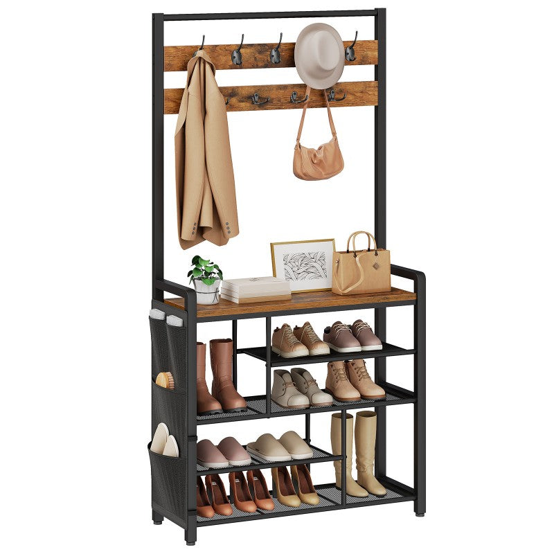 HOOBRO Hall Tree with Bench, Shoe Rack with Coat Rack, Coat Rack with Shoe Storage, 5 Tier Shoe Storage Organizer with Oxford Fabric Side Pockets, Coat and Shoe Rack Entryway