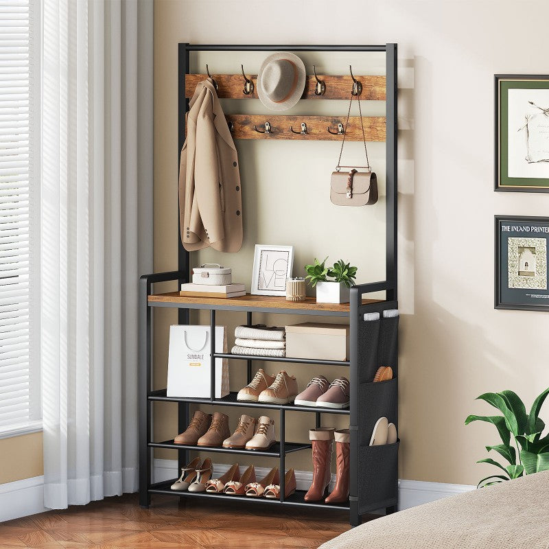 HOOBRO Hall Tree with Bench, Shoe Rack with Coat Rack, Coat Rack with Shoe Storage, 5 Tier Shoe Storage Organizer with Oxford Fabric Side Pockets, Coat and Shoe Rack Entryway