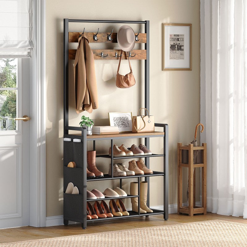 HOOBRO Hall Tree with Bench, Shoe Rack with Coat Rack, Coat Rack with Shoe Storage, 5 Tier Shoe Storage Organizer with Oxford Fabric Side Pockets, Coat and Shoe Rack Entryway