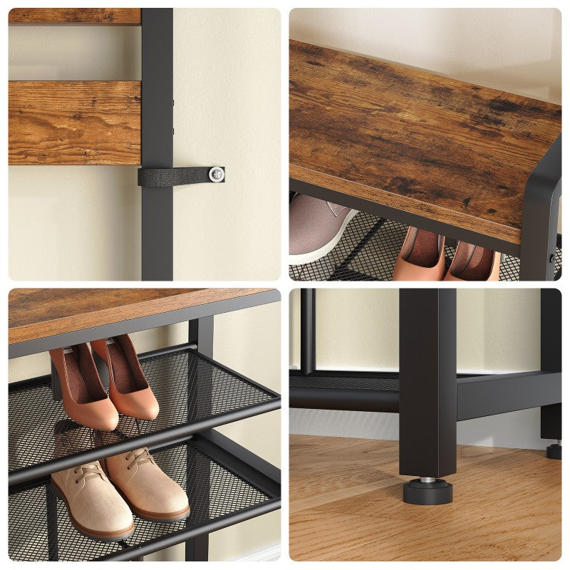 HOOBRO Hall Tree with Bench, Shoe Rack with Coat Rack, Coat Rack with Shoe Storage, 5 Tier Shoe Storage Organizer with Oxford Fabric Side Pockets, Coat and Shoe Rack Entryway