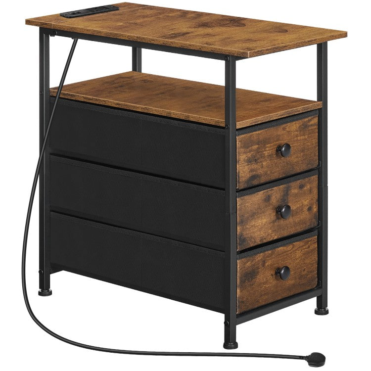 HOOBRO Slim Bedside Table with Charging Station, Narrow Side Table with 3 Non-Woven Fabric Drawers, Side Table with USB Ports and Power Outlets, for Small Spaces