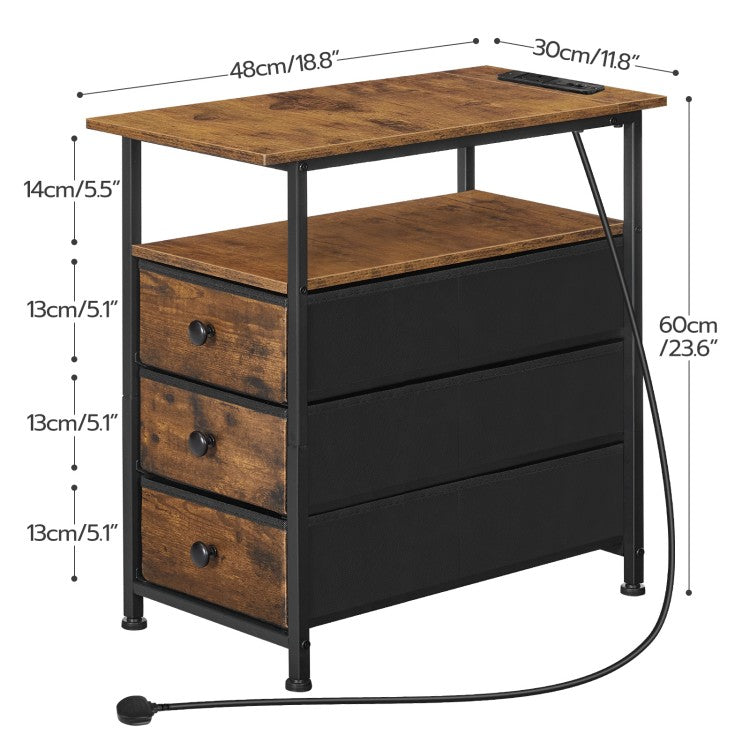 HOOBRO Slim Bedside Table with Charging Station, Narrow Side Table with 3 Non-Woven Fabric Drawers, Side Table with USB Ports and Power Outlets, for Small Spaces
