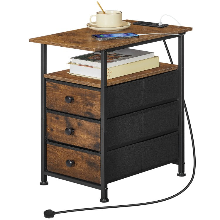HOOBRO Slim Bedside Table with Charging Station, Narrow Side Table with 3 Non-Woven Fabric Drawers, Side Table with USB Ports and Power Outlets, for Small Spaces