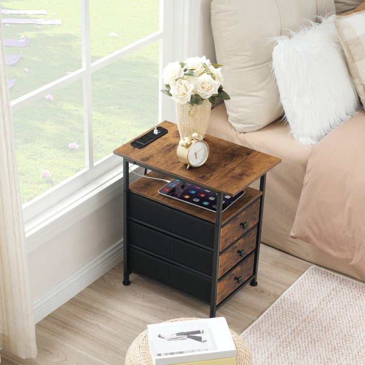 HOOBRO Slim Bedside Table with Charging Station, Narrow Side Table with 3 Non-Woven Fabric Drawers, Side Table with USB Ports and Power Outlets, for Small Spaces