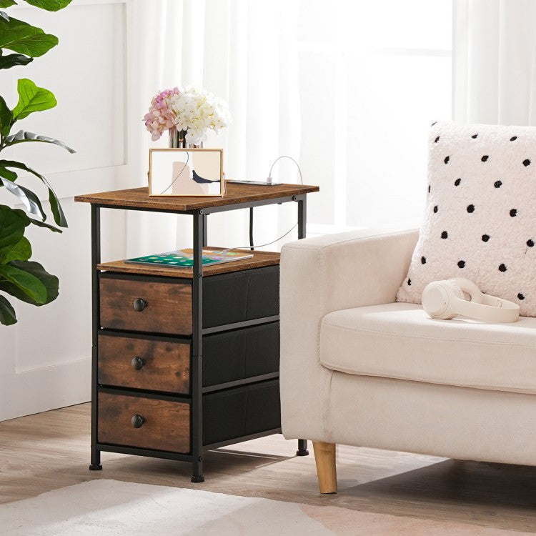 HOOBRO Slim Bedside Table with Charging Station, Narrow Side Table with 3 Non-Woven Fabric Drawers, Side Table with USB Ports and Power Outlets, for Small Spaces