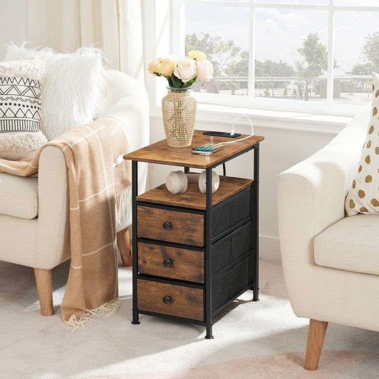 HOOBRO Slim Bedside Table with Charging Station, Narrow Side Table with 3 Non-Woven Fabric Drawers, Side Table with USB Ports and Power Outlets, for Small Spaces